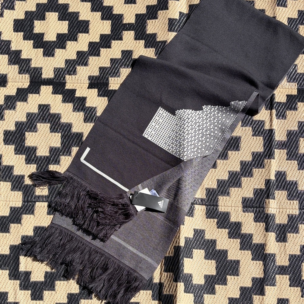 NWT Adidas Men's Fringed Gray Knit Scarf with White Geometric Design